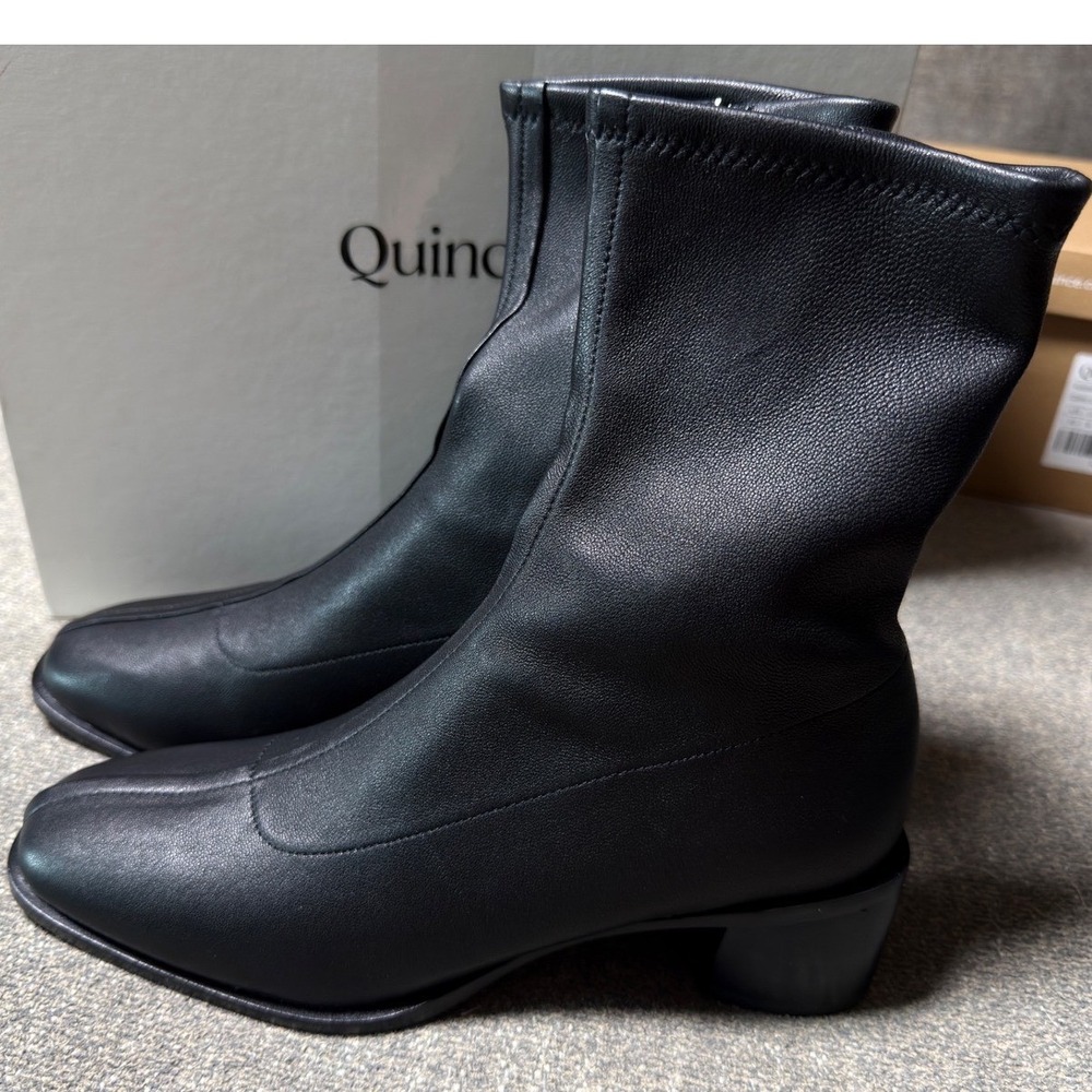 Quince Italian Leather Stretch Ankle Boots Black Square Toe Block Heel Womens 7 - Picture 3 of 10